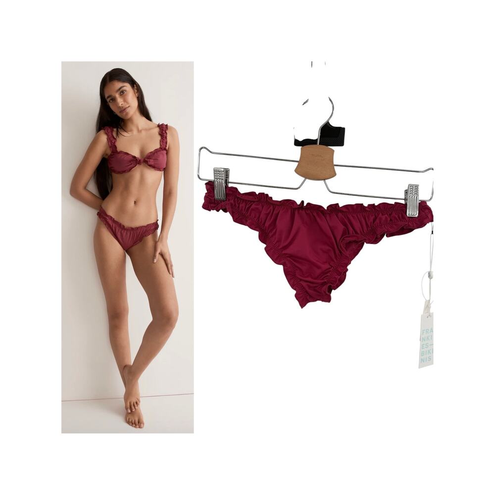 Frankies Bikinis Dawson Ruffle Bikini Bottom Bordeaux Red Medium NWT